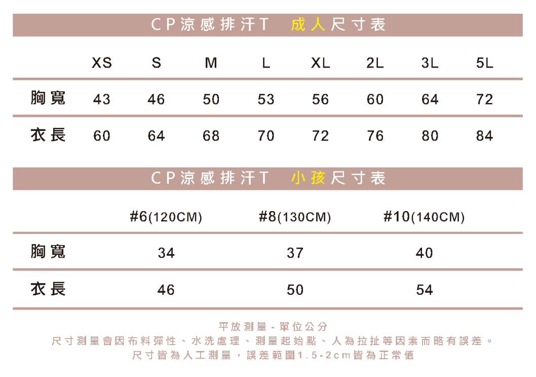 CP涼感排汗Tshirt短袖尺寸表